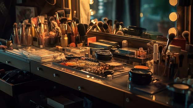 Une table avec beaucoup de maquillage et un miroir qui dit "sushi" dessus