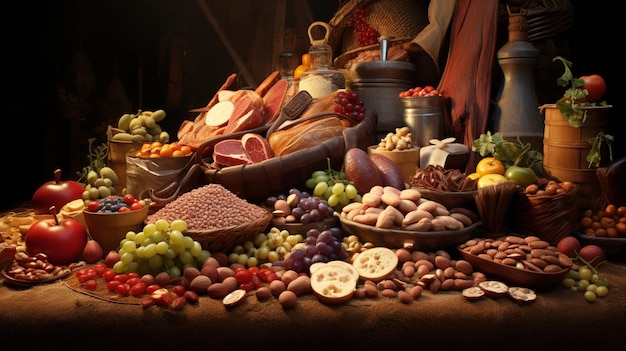 une table avec beaucoup de nourriture, y compris des fruits et des légumes
