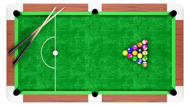 Table de billard billard et arrangement de boules de billard avec repère Vue orthographique supérieure Chemins de détourage intégrés isolés Rendu 3D