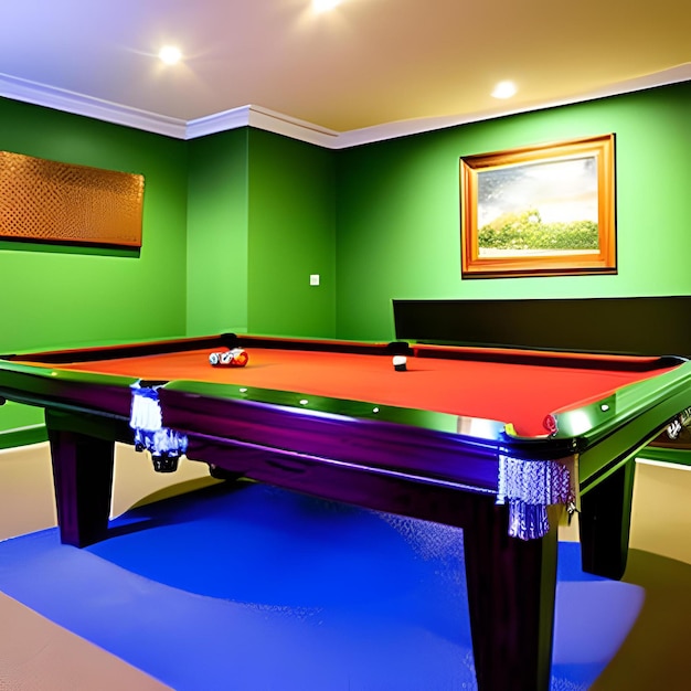 Photo une table de billard dans une salle verte avec une peinture sur le mur au-dessus.