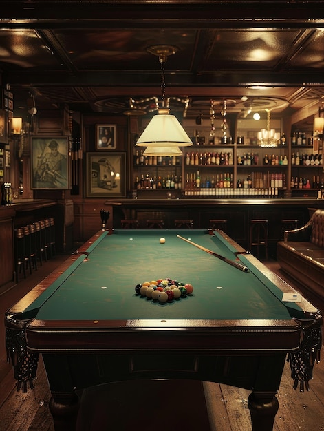 Photo une table de billard élégante dans un bar classique bien éclairé avec des étagères remplies et une riche décoration en bois