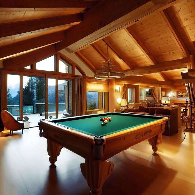 une table de billard est dans une pièce avec de grandes fenêtres et un sol en bois.