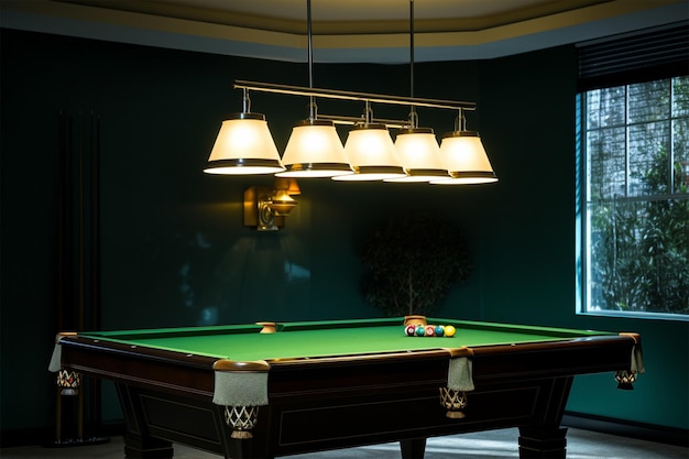 Une table de billard avec un luminaire au-dessus et une lumière au-dessus