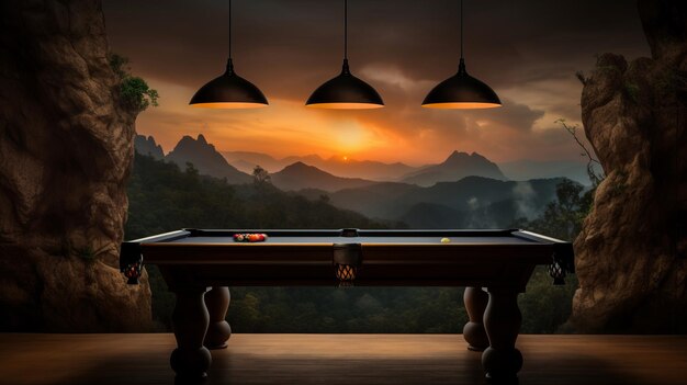 Une table de billard sur un paysage pittoresque de nature sereine capture une concentration tranquille