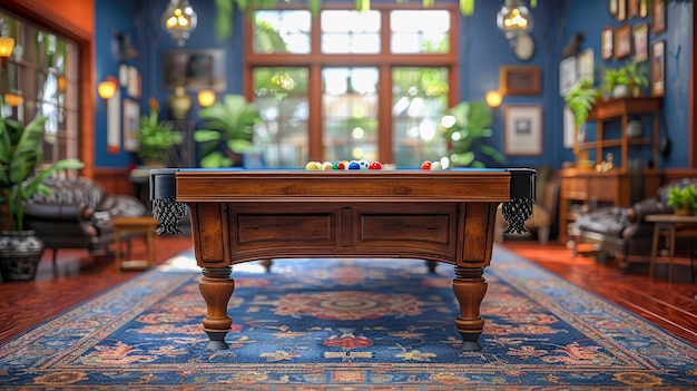 Une table de billard verte avec trois boules colorées détails de coin complexe et un flou