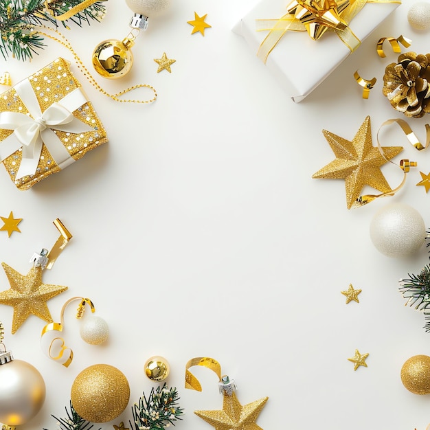 une table blanche avec des décorations de Noël en or et en argent et un fond blanc