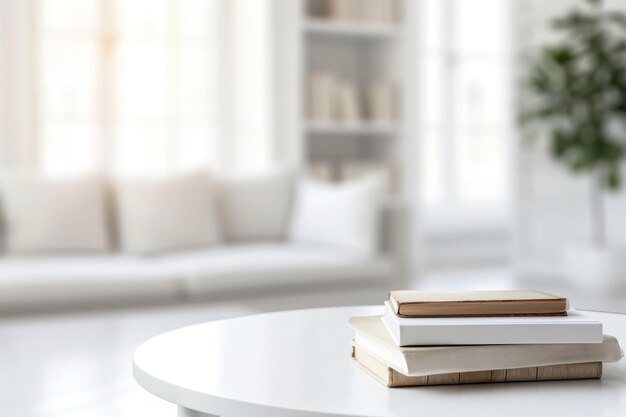 Table blanche avec des livres sur un salon blanc moderne flou à l'arrière-plan