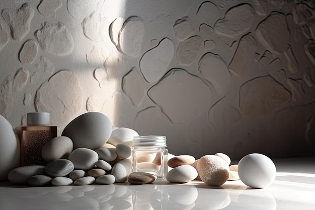 Table blanche minimaliste décorée d'un arrangement de roches blanches créées avec la technologie Generative AI