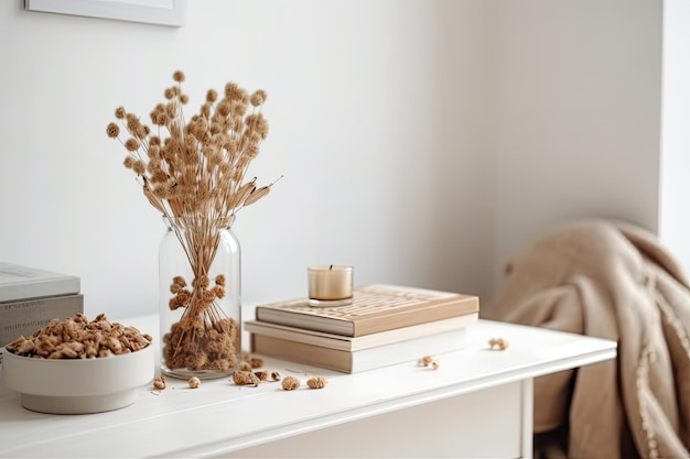 Table blanche minimaliste décorée d'un vase de fleurs séchées Generative AI