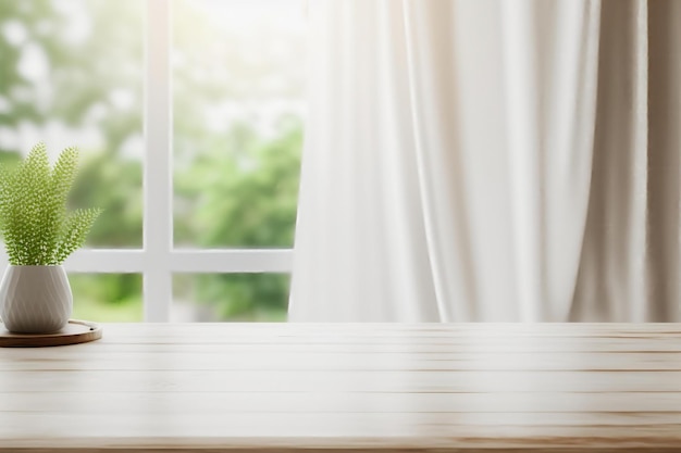 Une table blanche avec un rideau blanc sur la fenêtre