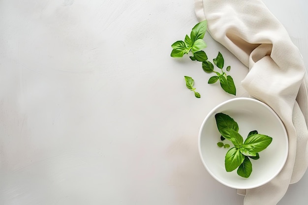 une table blanche avec un tissu blanc et une tasse de feuilles de menthe dessus