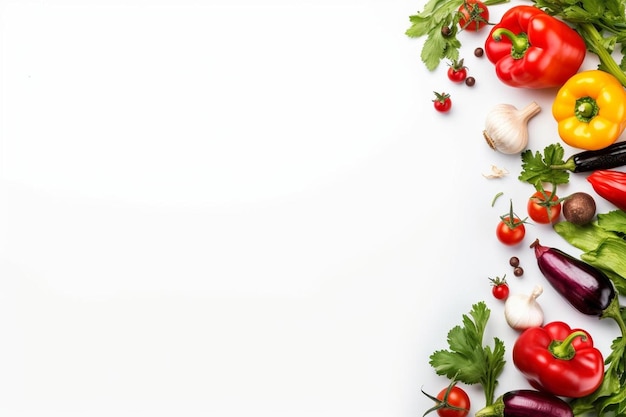 Une table blanche avec une variété de légumes dont des fraises, des fraises et un fond blanc.