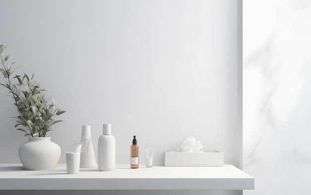 Une table blanche avec un vase blanc et des bouteilles de liquide blanc.
