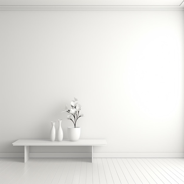 une table blanche avec un vase de fleurs dessus et un mur blanc derrière