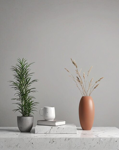 une table blanche avec un vase et une plante dessus