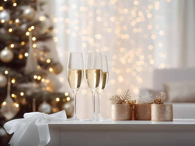 Table blanche avec des verres de champagne et des cadeaux avec un arrière-plan flou de Noël