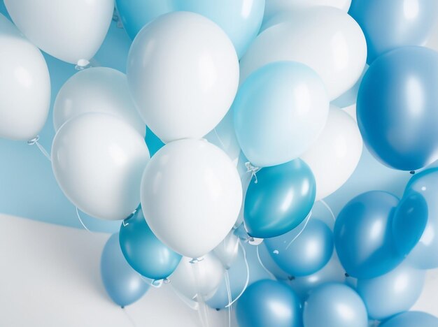 Table bleu pastel avec ballons blancs, vue de dessus, décoration de fête