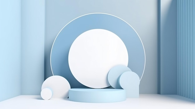 Une table bleue et blanche avec une assiette blanche et quatre cercles blancs.