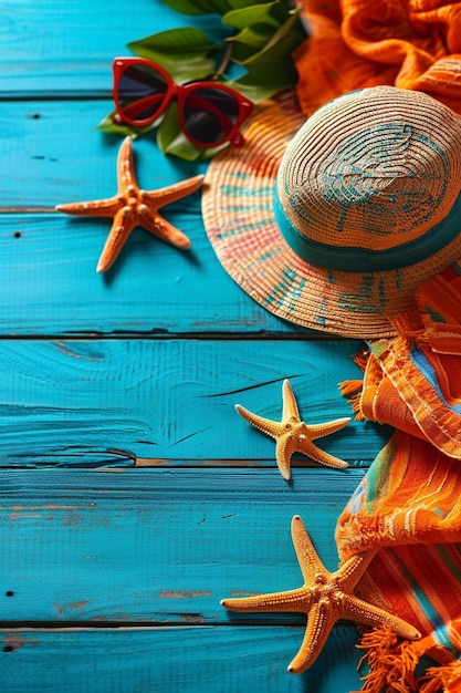 une table bleue avec une étoile de mer et un chapeau