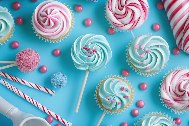 Table bleue sur fond bleu avec des sucettes et des cupcakes décorés