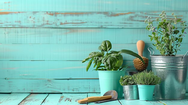 Photo une table bleue a quelques pots de plantes et une spatule