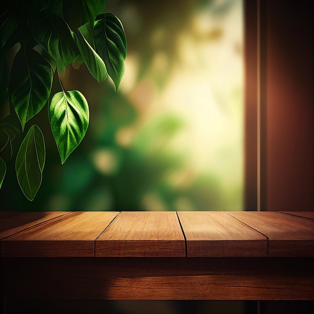 Table en bois 3D avec arrière-plan flou de la fenêtre de l'usine Generative AI