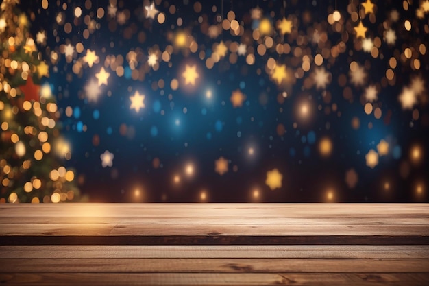 Table en bois 3D sur fond de noël de lumières et d'étoiles bokeh