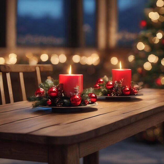 Table en bois 3D avec des lumières bokeh de Noël