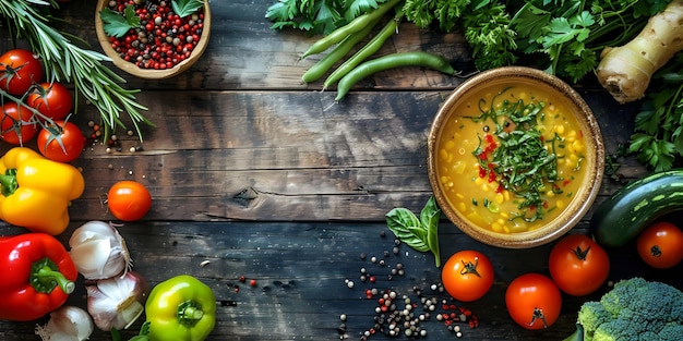 Une table en bois affichant des bols de soupe et de légumes frais