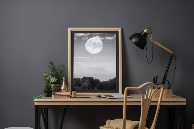 Une table en bois avec une affiche Maquette d'un bureau avec une lampe