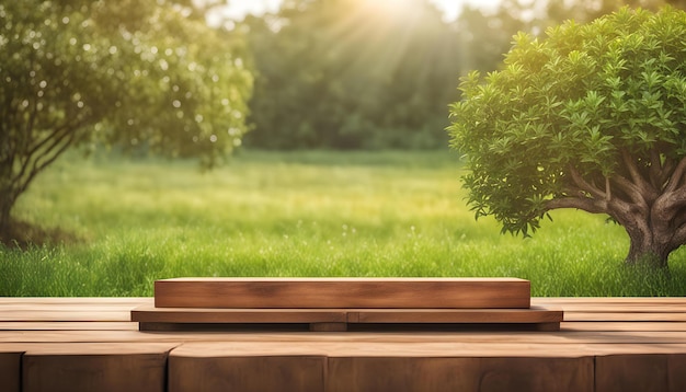 une table en bois avec un arbre en arrière-plan