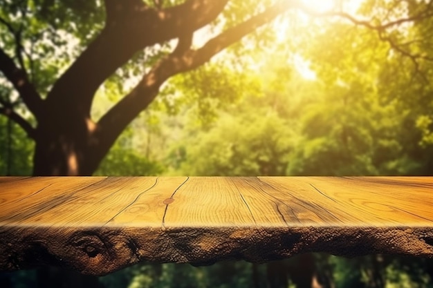 Une table en bois avec un arbre en arrière-plan