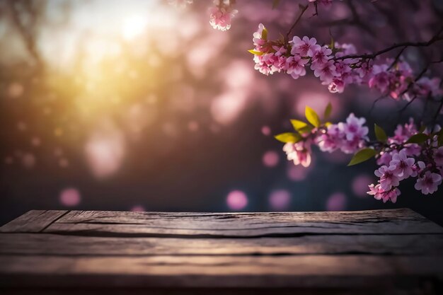 Une table en bois avec un arbre fleuri rose et un vase avec le mot cerise dessus