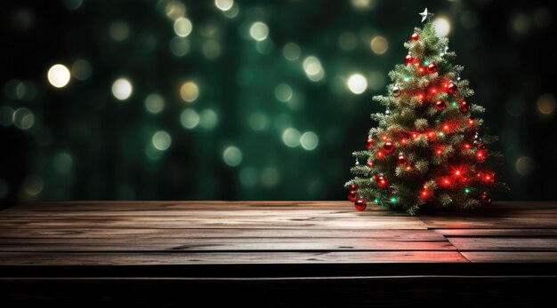 table en bois avec un arbre de Noël sur le fond flou de Noël