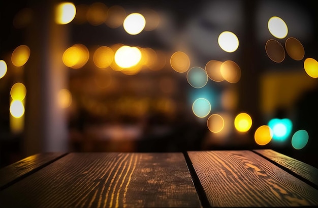 Table en bois arrière-plan flou bokeh lumière néon, arrière-plan sombre