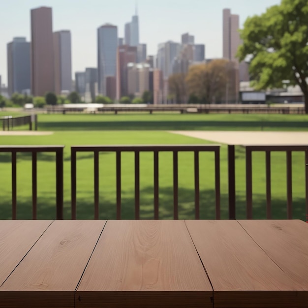 Table en bois avec arrière-plan flou du parc de la ville généré par l'IA