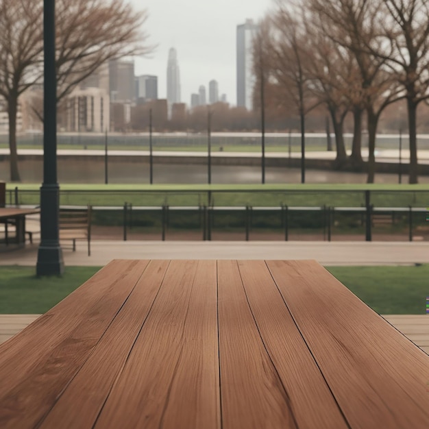 Table en bois avec arrière-plan flou du parc de la ville généré par l'IA