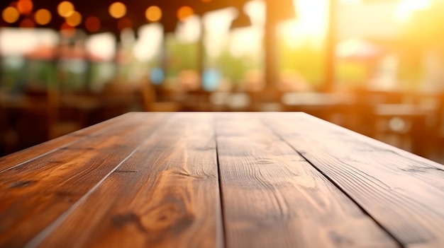 Table en bois arrière-plan flou du restaurant du café avec bokeh AI générative