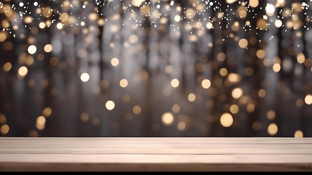 Une table en bois avec un arrière-plan flou avec des lumières bokeh.