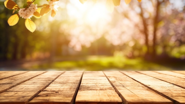 Photo table en bois arrière-plan flou de la nature du jardin au printemps