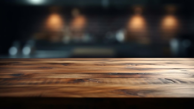 Une table en bois avec un arrière-plan flou