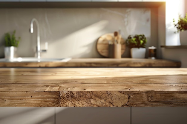 Table en bois sur l'arrière-plan intérieur de l'évier de cuisine