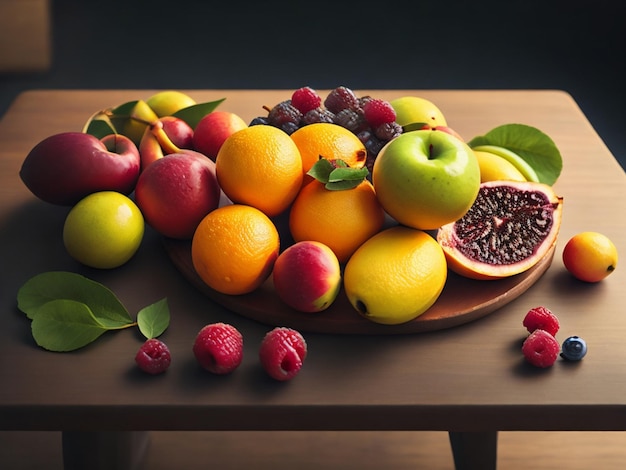 Une table en bois avec une assiette de fruits et des framboises.