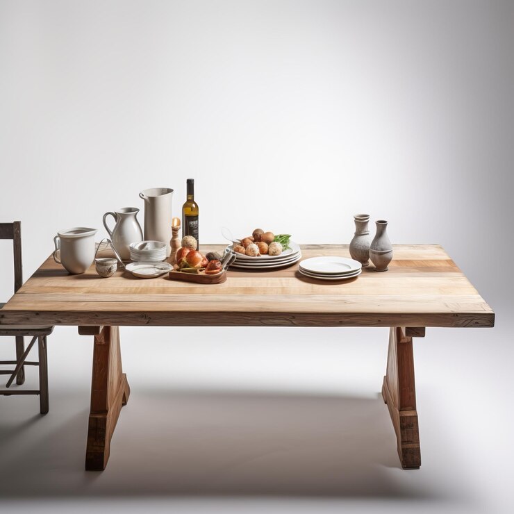 Photo une table en bois avec une assiette de nourriture et une bouteille de vin dessus