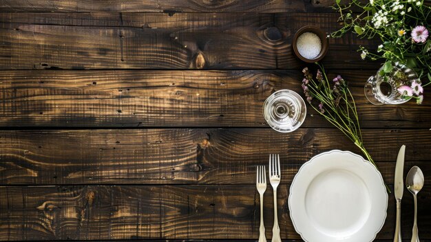 Table en bois avec des assiettes d'argent et des fleurs