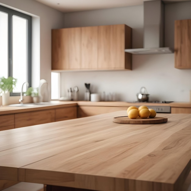 Table en bois au fond de la cuisine de type insulaire Arrière-plan intérieur de la cuisine contemporain