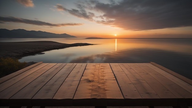 Table en bois au fond de la nature au coucher du soleil Generative AI