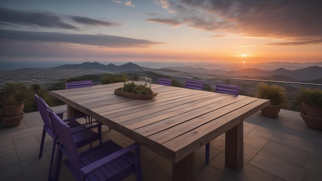 Table en bois au fond de la nature au coucher du soleil Generative AI