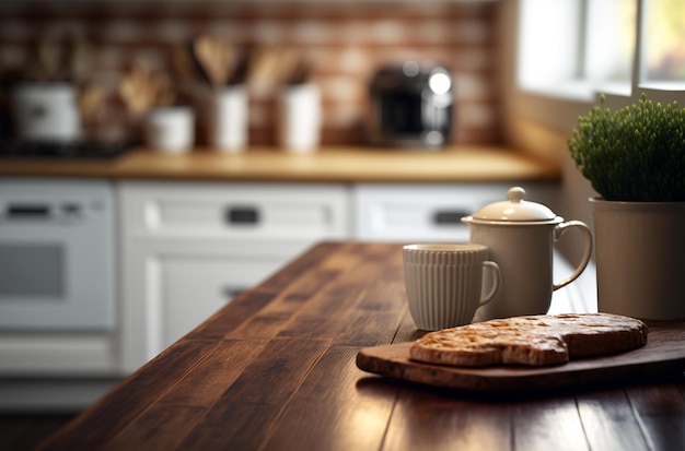 Table en bois au premier plan et arrière-plan flou de la cuisine AI générative