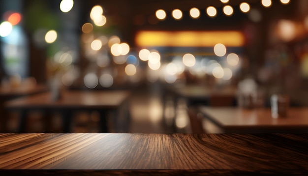 table en bois avant flou fond de restaurant